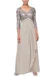 ALEX EVENINGS SEQUIN THREE-QUARTER SLEEVE EVENING GOWN