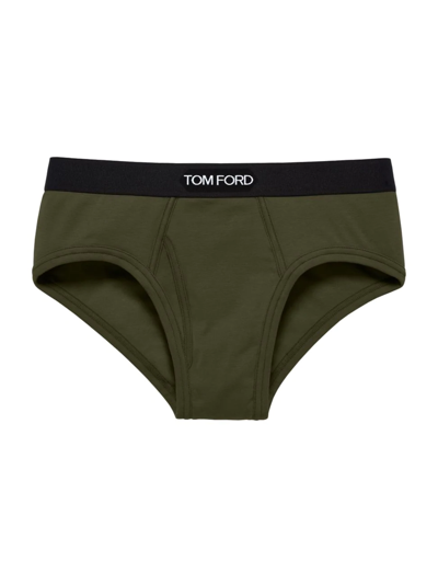 Tom Ford Stretch-cotton Logo Briefs In Brown Olive