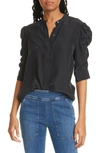 Frame Shirred Sleeve Silk Blouse In Noir