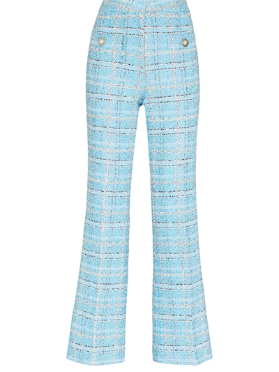 Alessandra Rich Embellished Checked Metallic Bouclé-tweed Flared Pants In Blue