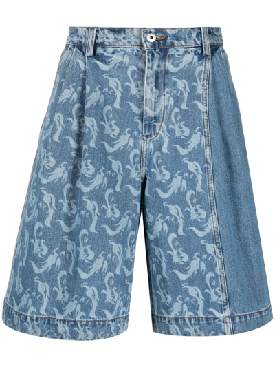 Feng Chen Wang Printed Denim Shorts In Blue