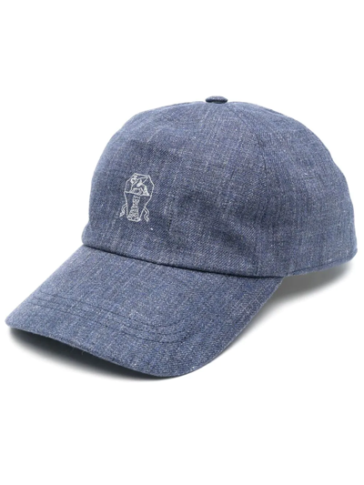 Brunello Cucinelli Logo-embroidered Leather-trimmed Linen-twill Baseball Cap In Blue