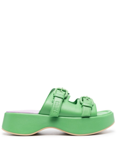 3juin Double-buckle Leather Sandals In Verde Blu E Verdi