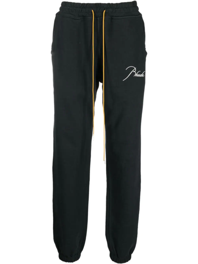 Rhude Tapered Logo-embroidered Cotton-jersey Sweatpants In Black