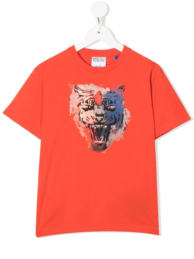 Marcelo Burlon County Of Milan Kids' Watercolor Tiger T-shirt S/s In Red Multic