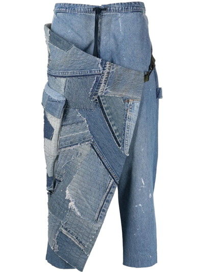 Greg Lauren Patchwork Drawstring-waist Tapered Jeans In Blue