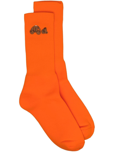 Palm Angels Teddy Bear Embroidered Ribbed-knit Socks In Orange Fluo Brown