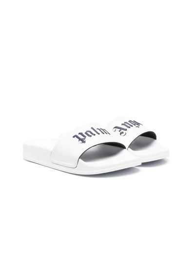 Palm Angels Kids' Logo-print Open-toe Slides In White