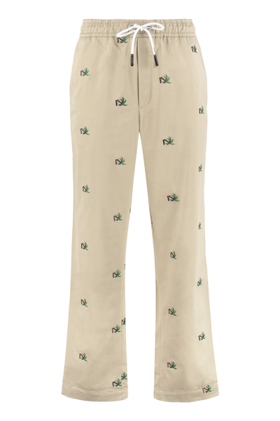 Palm Angels Embroidered Cotton Trousers In Beige