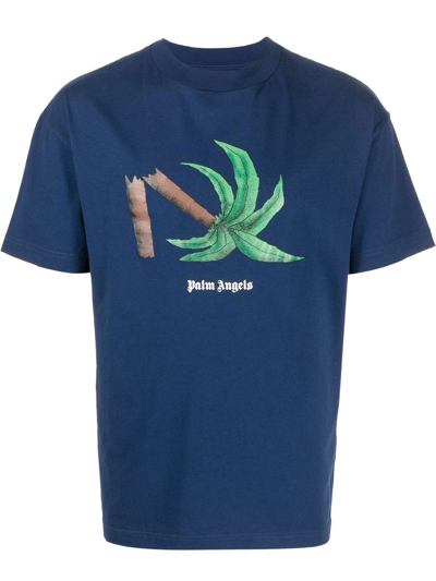 Palm Angels 棕榈树印花棉质平纹针织t恤 In Blue