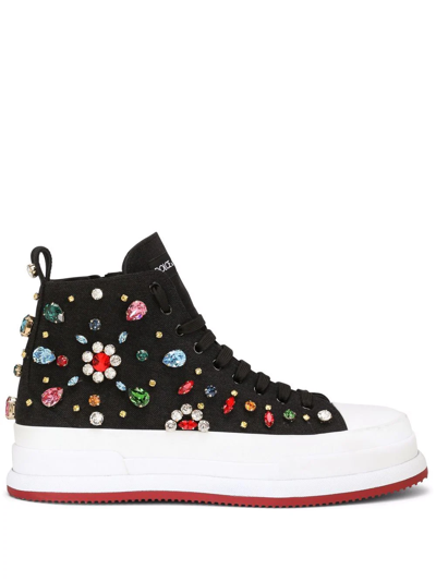 Dolce & Gabbana Men's Portofino High-top Embellished Sneakers In Blac/kred