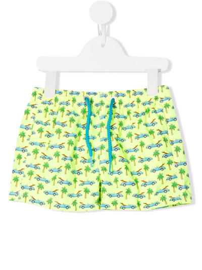 Mc2 Saint Barth Teen Surf Car-print Swim Shorts In Yellow