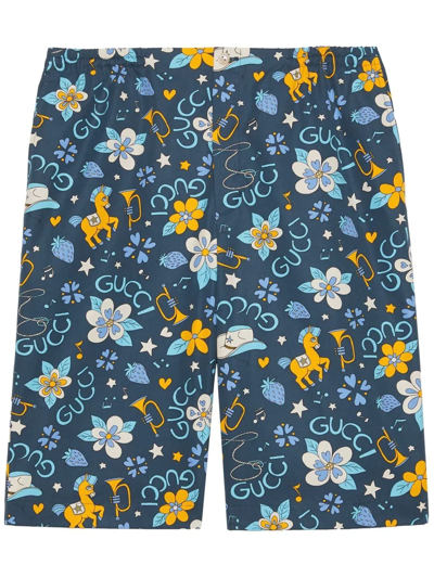 Gucci Retro Flower Pony Print Waterproof Nylon Shorts In Blue