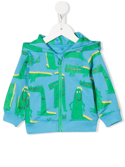 Stella Mccartney Baby Hoodie In Turquoise Cotton With Crocodile Print In Blue