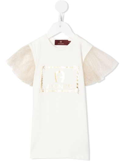 Aigner Kids' Logo-print Flutter Sleeve T-shirt Dress In White