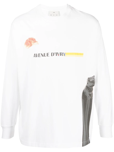 Song For The Mute Croissant And Cat Graphic Print Long-sleeved T-shirt In White