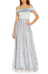 ADRIANNA PAPELL EMBROIDERED FLORAL OFF THE SHOULDER GOWN