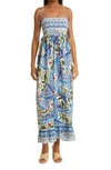 Farm Rio Macaw Flight Smocked Tiered Hem Cotton Dress In White And Blue