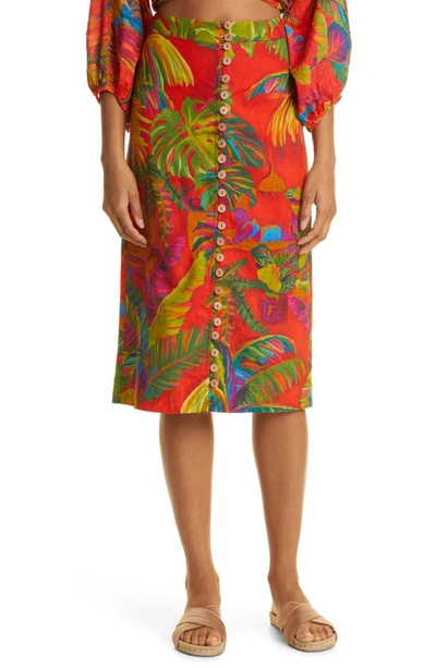 Farm Rio Red Urban Jungle Button Down Midi Skirt In Multi