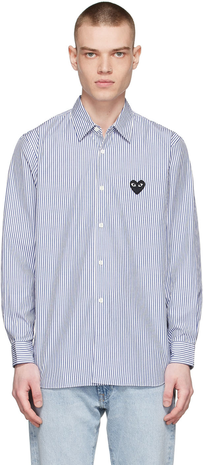 Comme Des Garçons Play Striped Shirt With Black Heart Patch In Blue