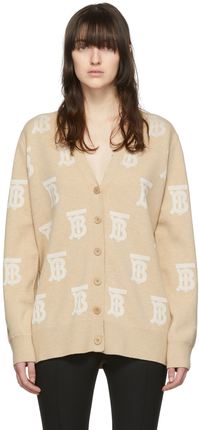 Burberry Monogram Wool Silk Blend Oversized Cardigan In Brown