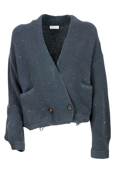 Brunello Cucinelli Cardigan Sweater With Micro Sequins In Blu