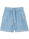 CHLOÉ KIDS SHORTS IN LIGHT BLUE COTTON TENCEUL WITH BELT AND C EMBROIDERED ON THE HEM