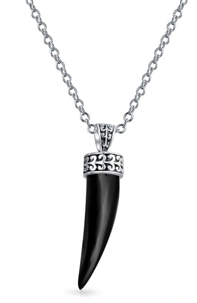 Bling Jewelry Rhodium Plated Horn Pendant Necklace In Black
