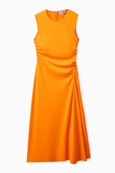 Cos Gathered Midi Dress In Orange