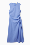 Cos Gathered Midi Dress In Blue
