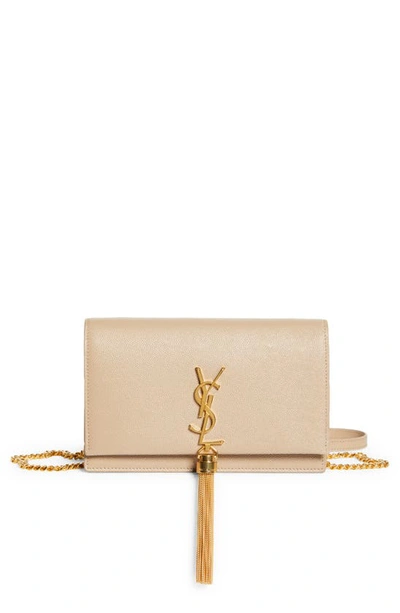 Saint Laurent Kate Tassel Leather Wallet On A Chain In Dark Beige