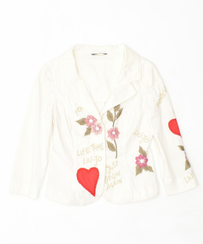 Pre-owned Liu •jo Liu Jo Womens 2 Button Blazer Jacket Uk 12 Medium White Floral Cotton Lm08