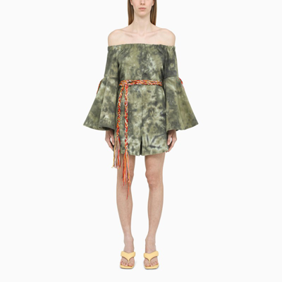 Tu Lizé Green Tie-dye Short Dungaree With Crochet Detailing