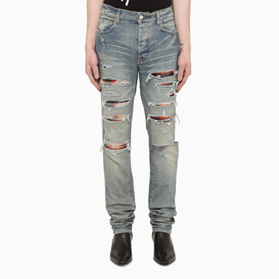 Amiri Skinny Jeans With Checked Tears In Light Blue