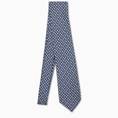 Ferragamo Blue Silk Tie With Gancini And Elephant Prints In Navy