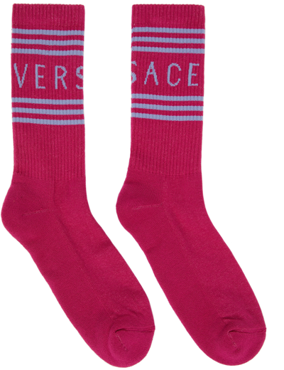 Versace Pink Logo Socks In 2p910 Cerise+dv Blue
