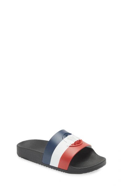 Moncler Kids Black Slipper With Tricolor Band In Blue