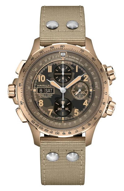 Hamilton Men's Swiss Automatic Chronograph Khaki Aviation X-wind Beige Textile Strap Watch 45mm In Brown