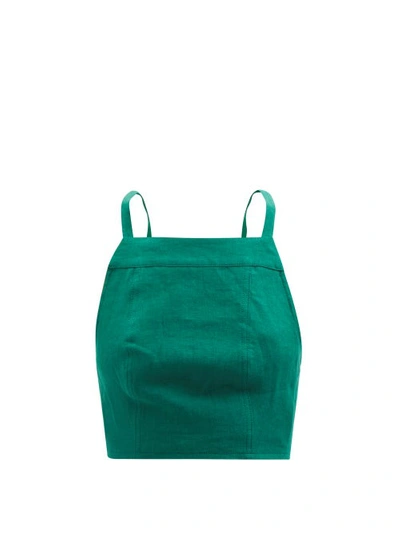 Three Graces London Wendy Lace-back Linen-cambric Crop Top In Green