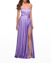LA FEMME SATIN RUCHED STRAPPY GOWN