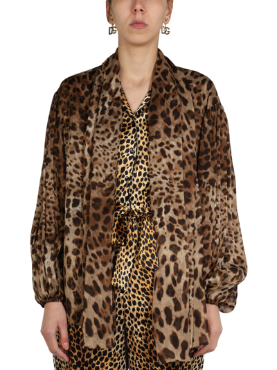 Dolce & Gabbana Leopard-print Chiffon Shirt In Marrone