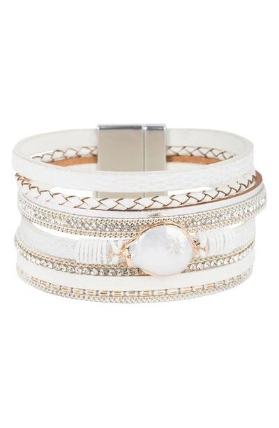 Saachi Ivory Freshwater Pearl Beaded Faux Leather Bracelet In Champagne