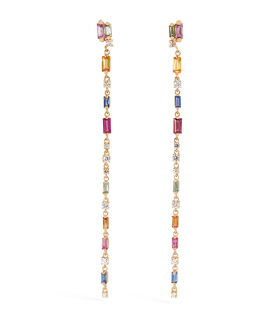 Suzanne Kalan 18k Yellow Gold Fireworks Rainbow Sapphire & Diamond Linear Drop Earrings In Multi