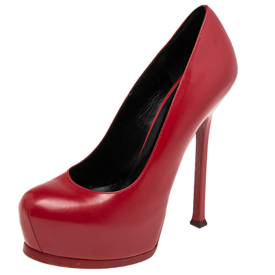 Pre-owned Saint Laurent Red Leather Tribtoo Pumps Size 38.5