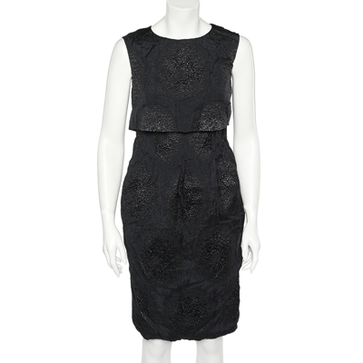 Pre-owned Saint Laurent Black Textured Silk Overlay Detail Sleeveless Midi Dress M