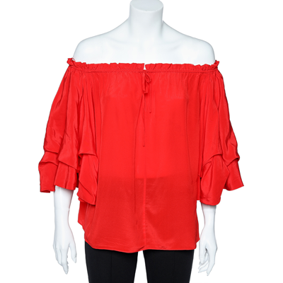 Pre-owned Diane Von Furstenberg Red Silk Off Shoulder Ruffled Top S