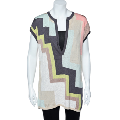 Pre-owned M Missoni Multicolor Geometric Pattern Cotton Knit Plunging Neck Top M