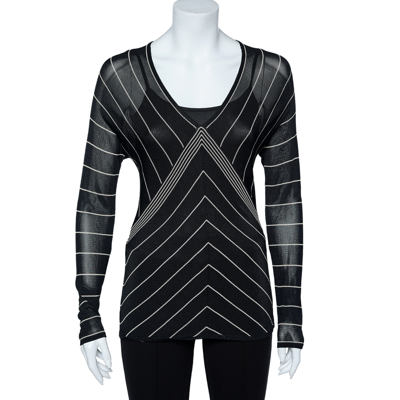 Pre-owned Max Mara Back Stripe Pattern Knit V-neck Top M In Black