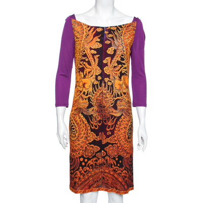 Pre-owned Roberto Cavalli Purple Printed Jersey Draped Neck Dress M