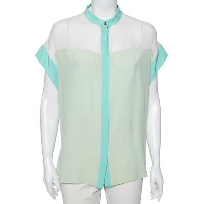 Pre-owned Roberto Cavalli Green And White Silk Short Sleeve Shirt M In Multicolor